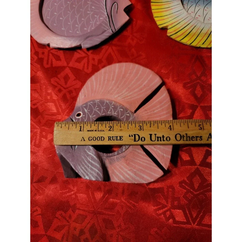 Hand Painted Wooden Fish Napkin Rings Home Decor Set of 6 with 4 Coasters